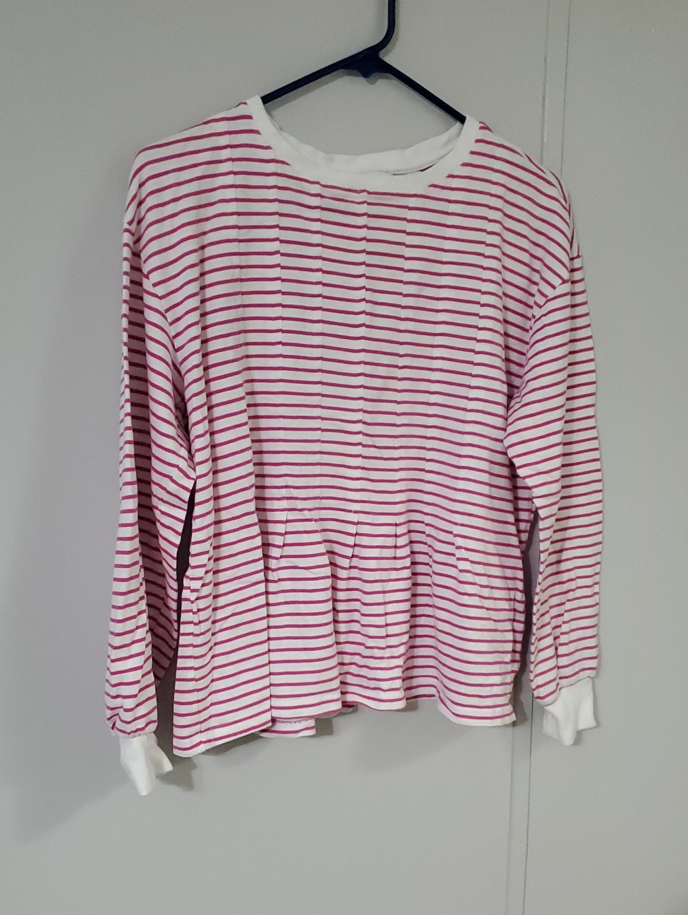 Crown & Ivy L. White Long-Sleeve Top with Pink Stripes and Peplum